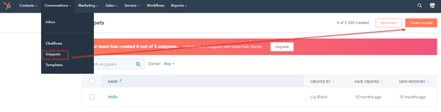 Navigating to HubSpot Snippets