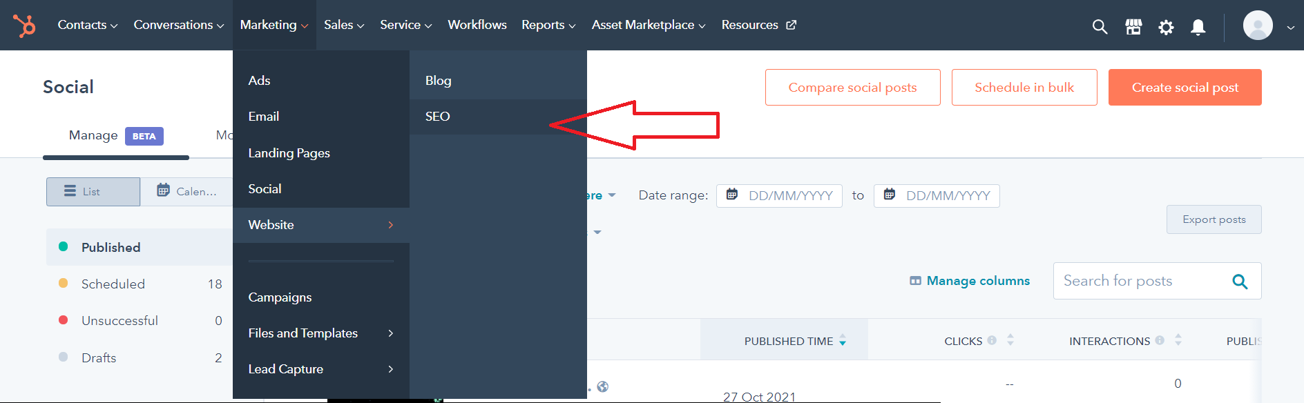Finding the Topic cluster tool on HubSpot